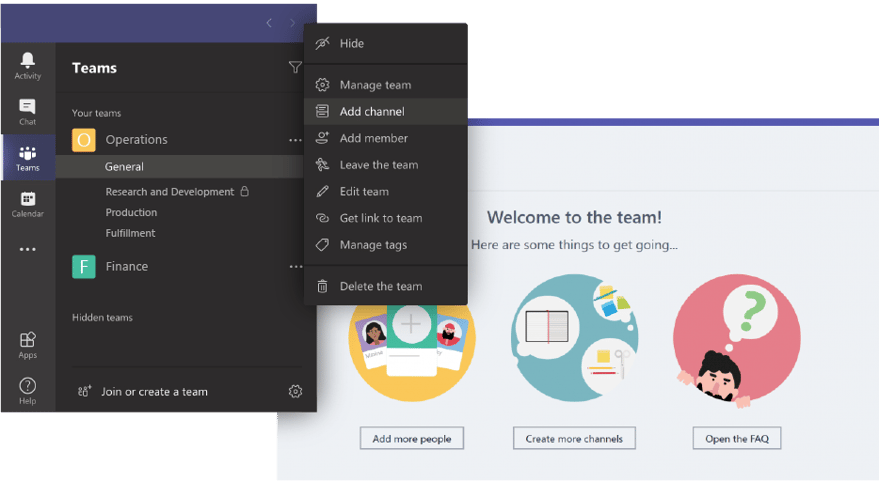 Screenshot showing how to add a channel using Microsoft Teams